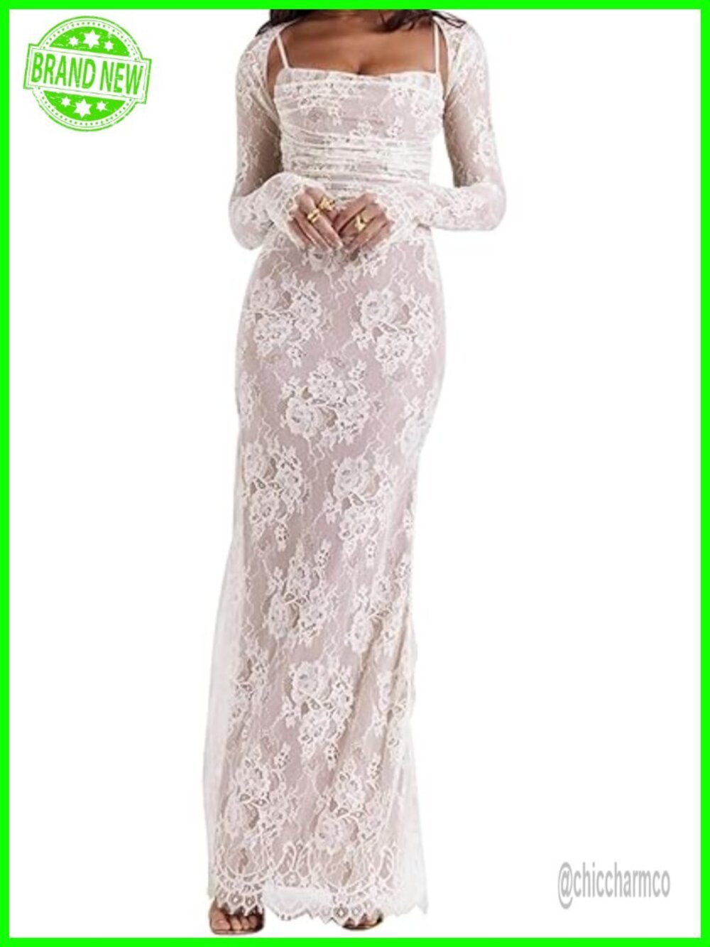Vintage Fishtail Lace Maxi Dress Long Sleeve Bodycon Formal